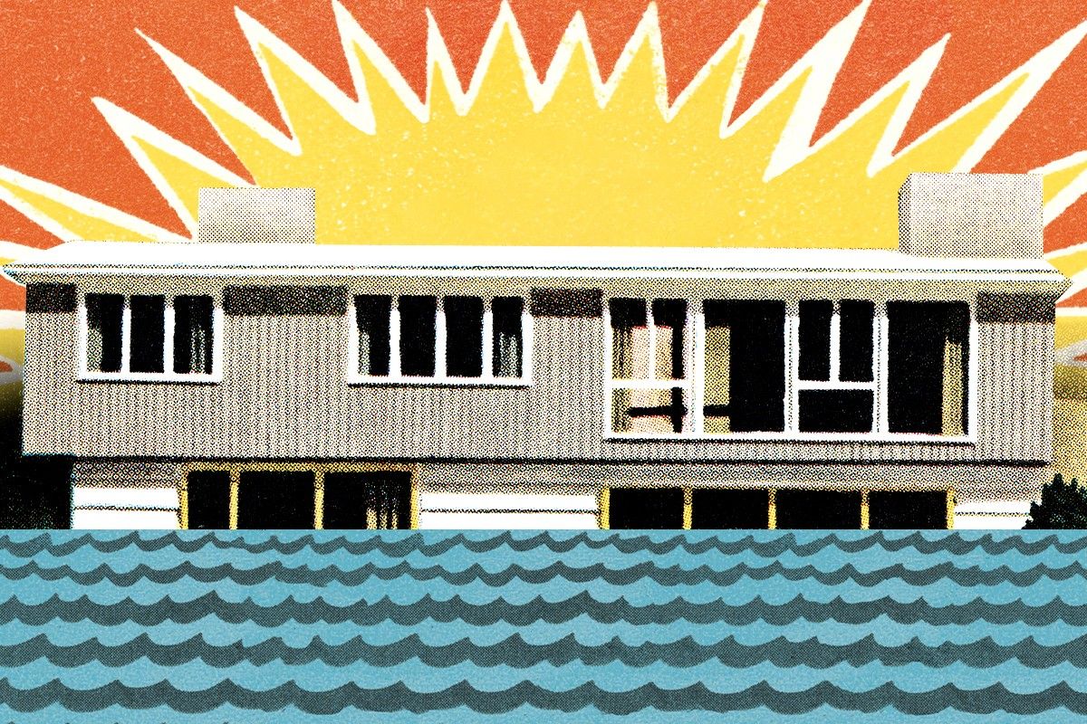 A midcentury modern home being flooded.