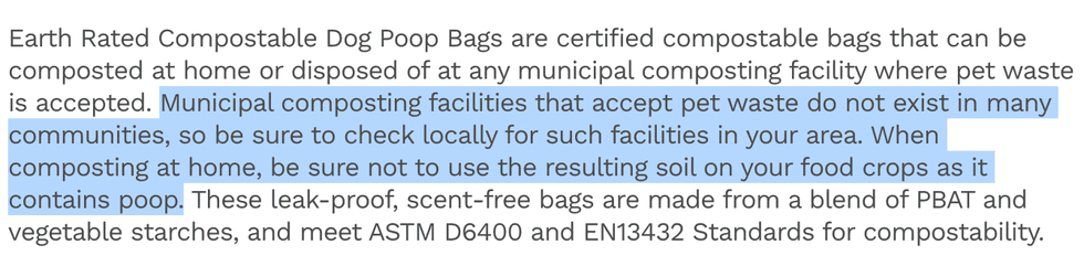 Small print for Earth Rated bags.