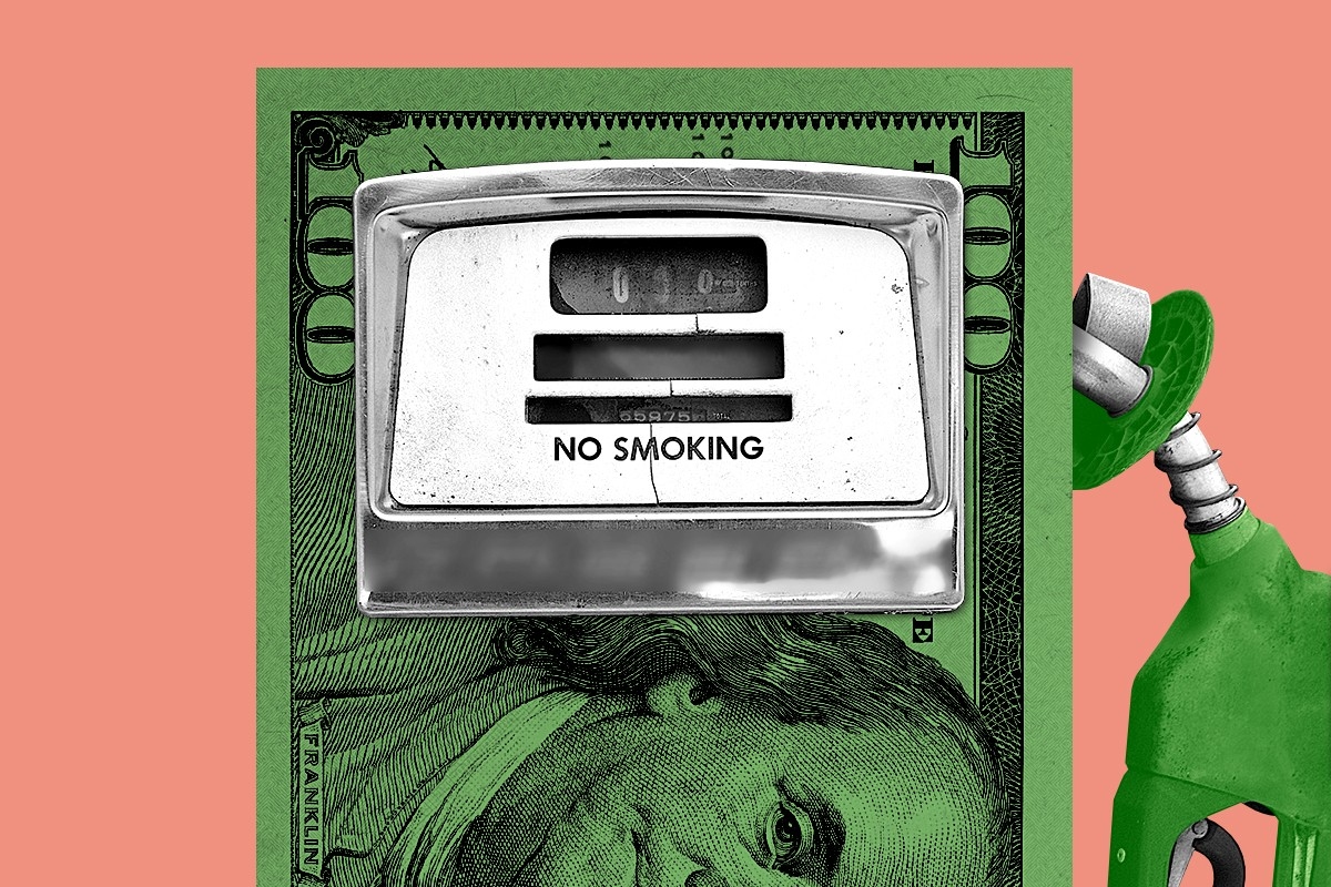 A hundred dollar bill as a gas pump.