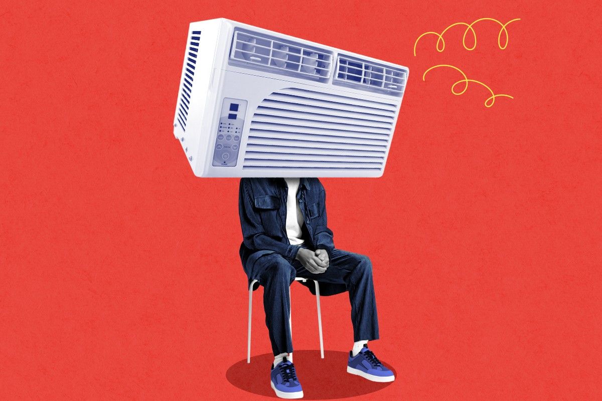 A man with an air conditioner as a head.