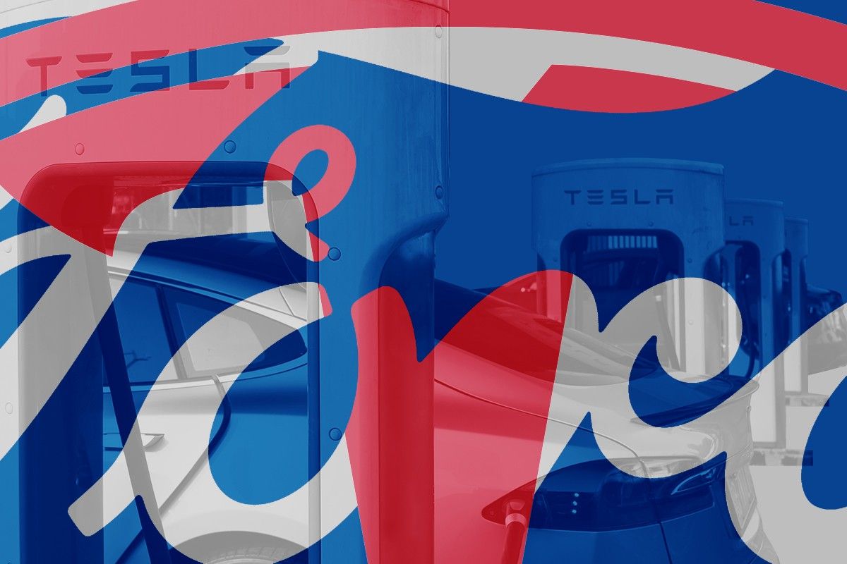 Tesla and Ford logos and charging stations.
