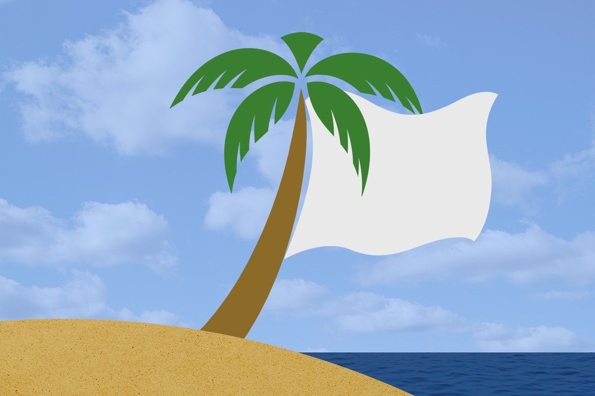 A desert island with a flag of surrender.