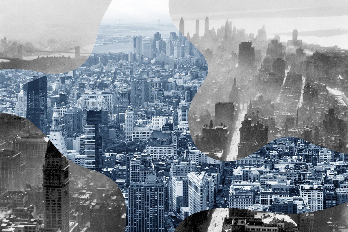 Manhattan in the smoggy 1950s and today.