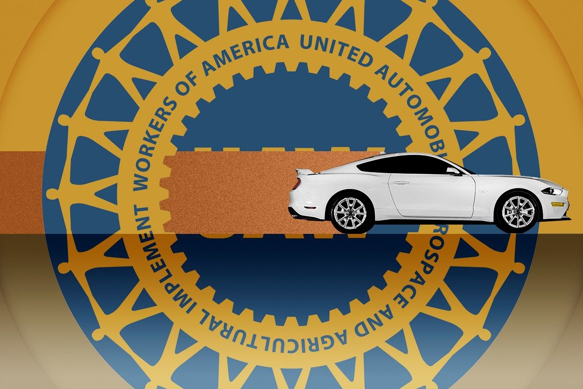 A Mustang EV and the UAW logo.