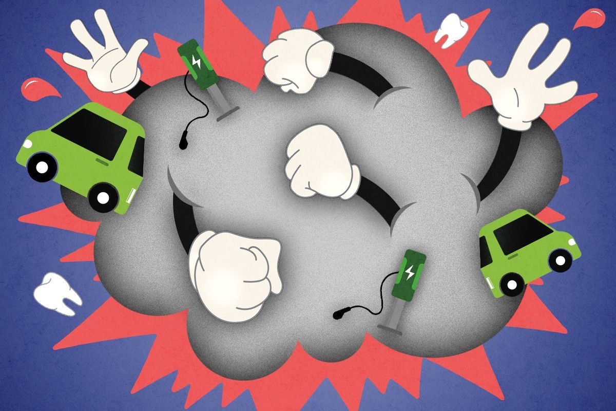 A cartoon fight over EV charging stations.