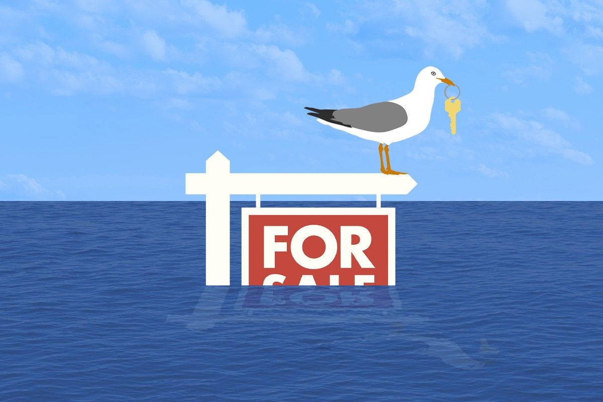 A flooded for sale sign.