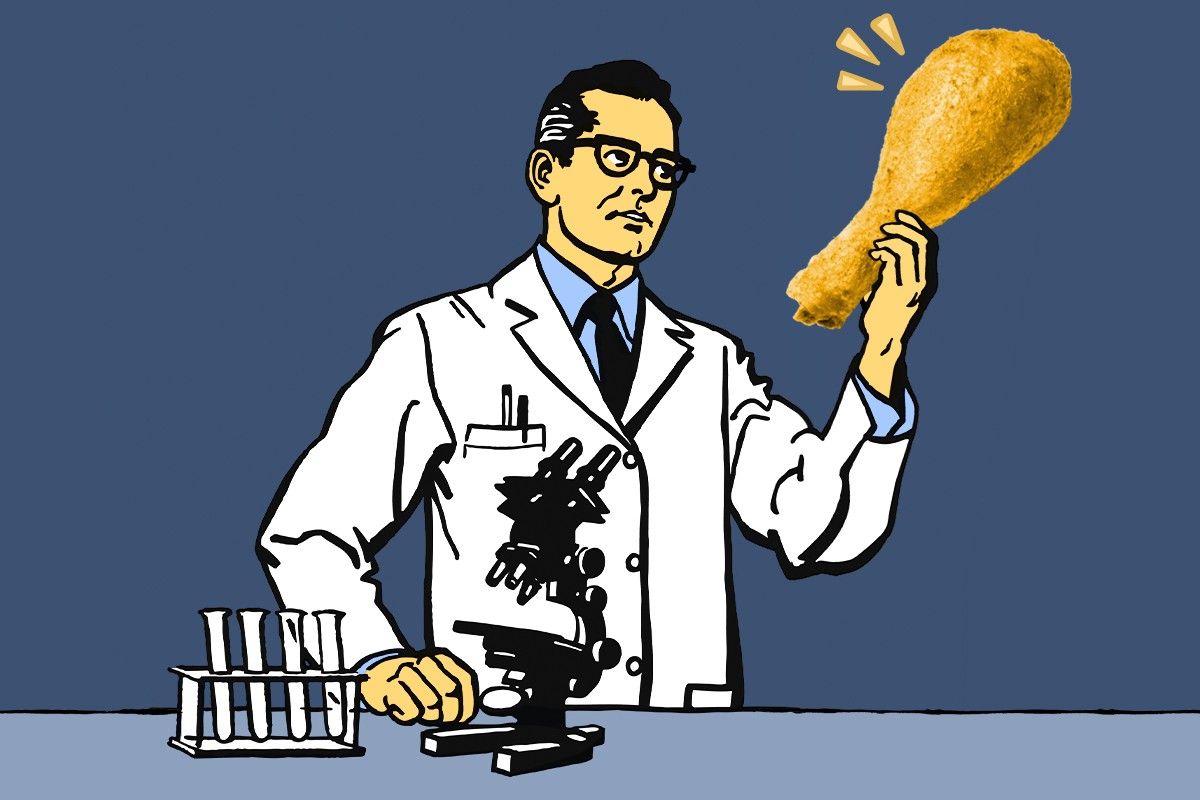 A scientist holding a drumstick.
