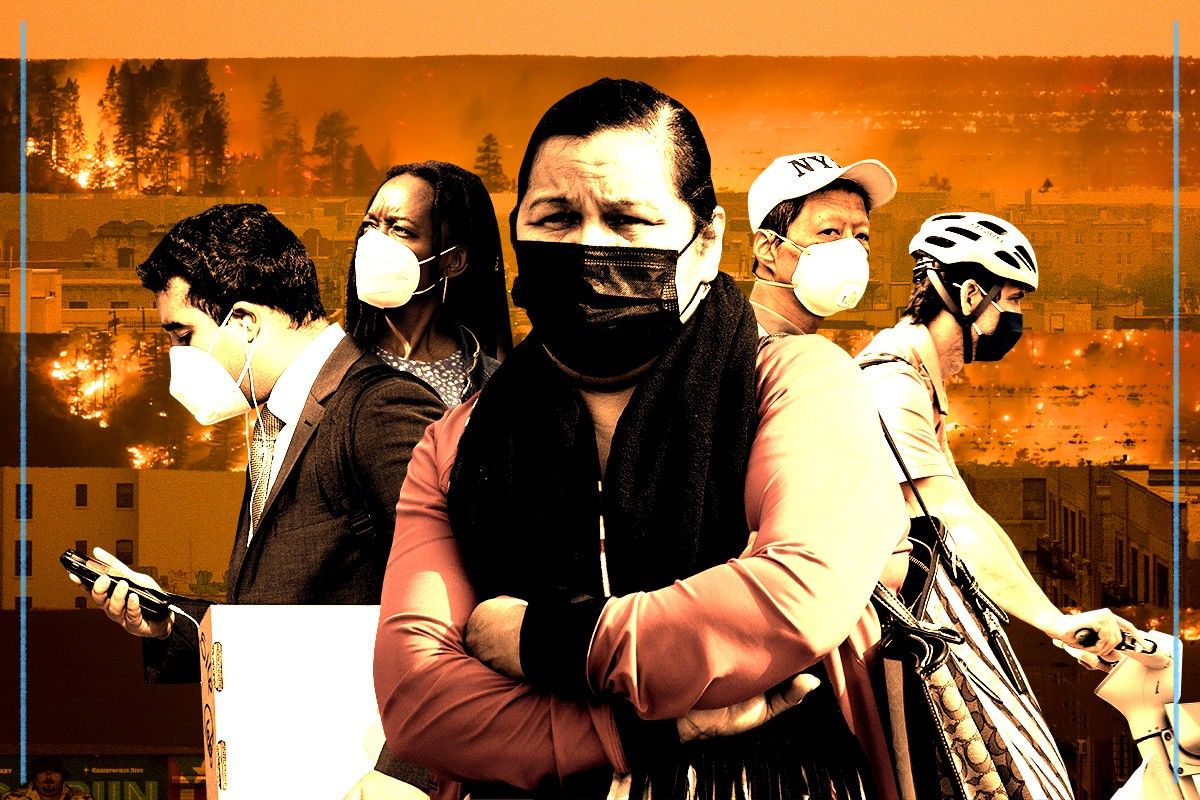 People wearing facemasks and wildfire smoke.