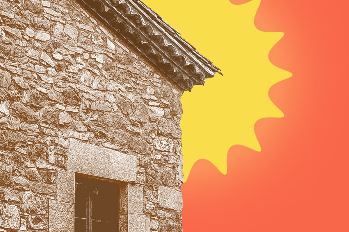 A stone house and sun.
