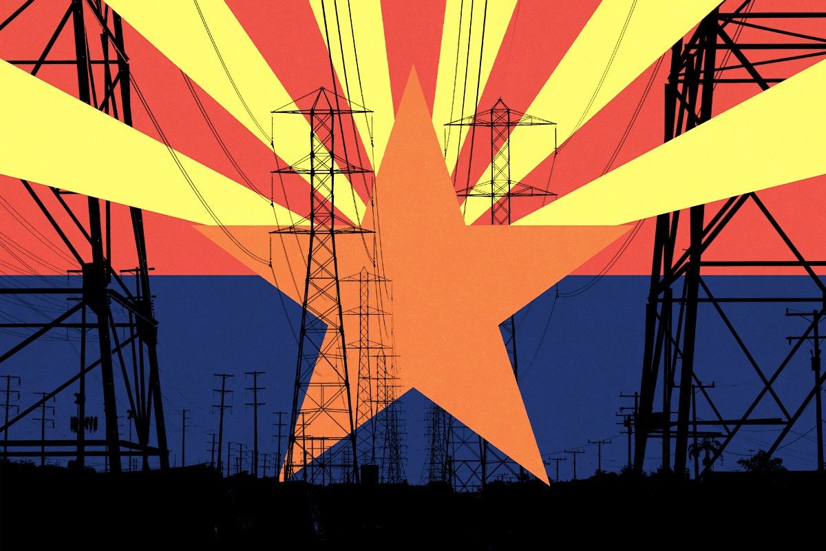 The Arizona flag and power lines.