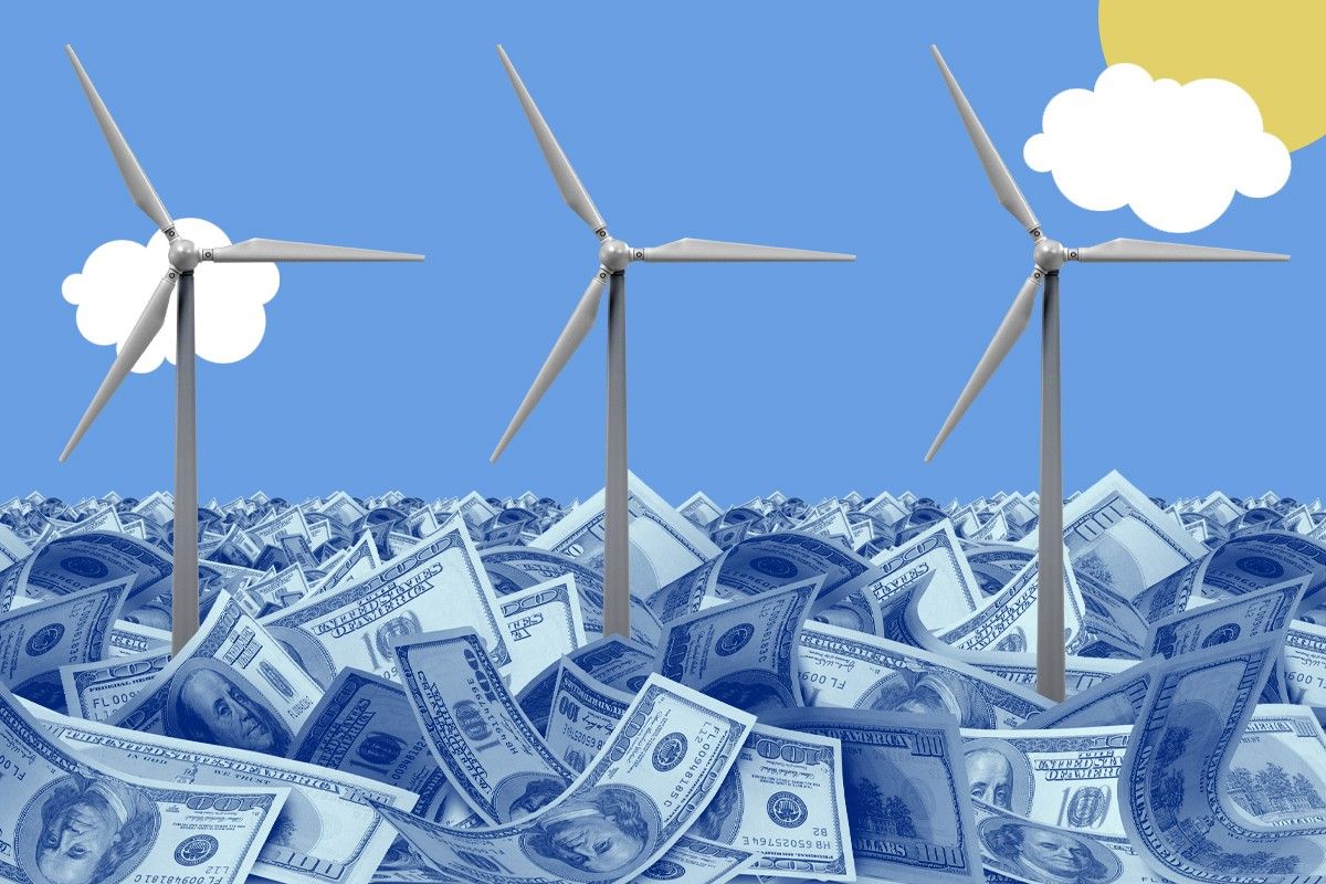 Wind turbines in a sea of money.