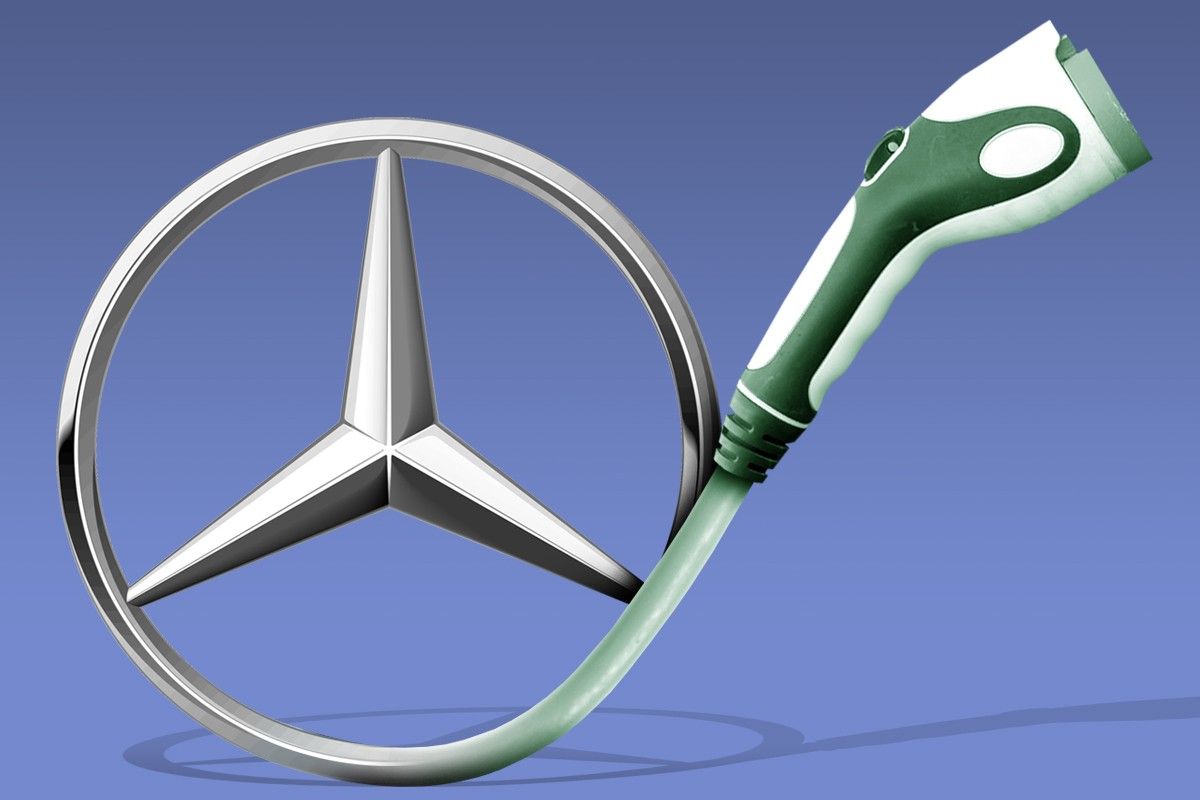 The Mercedes logo and an EV charger.