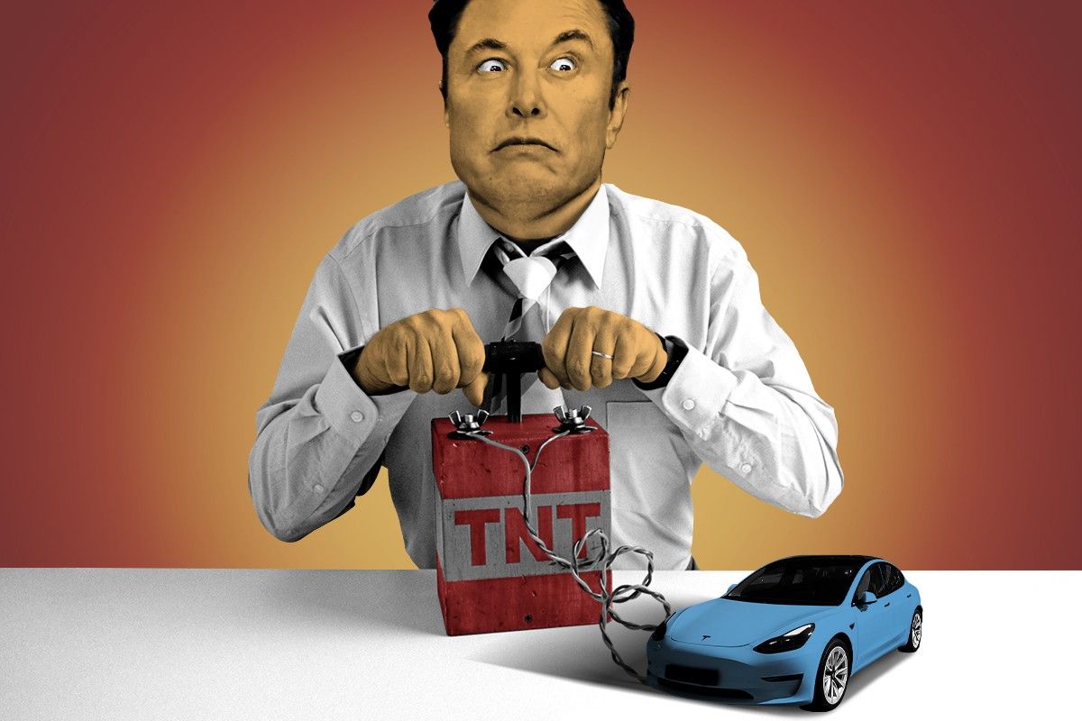 Elon Musk blowing up a Tesla.