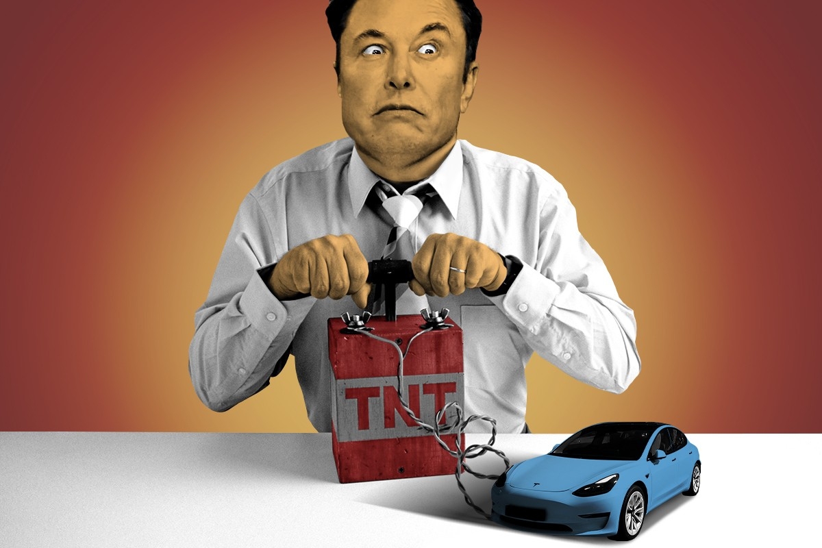 Elon Musk blowing up a Tesla.