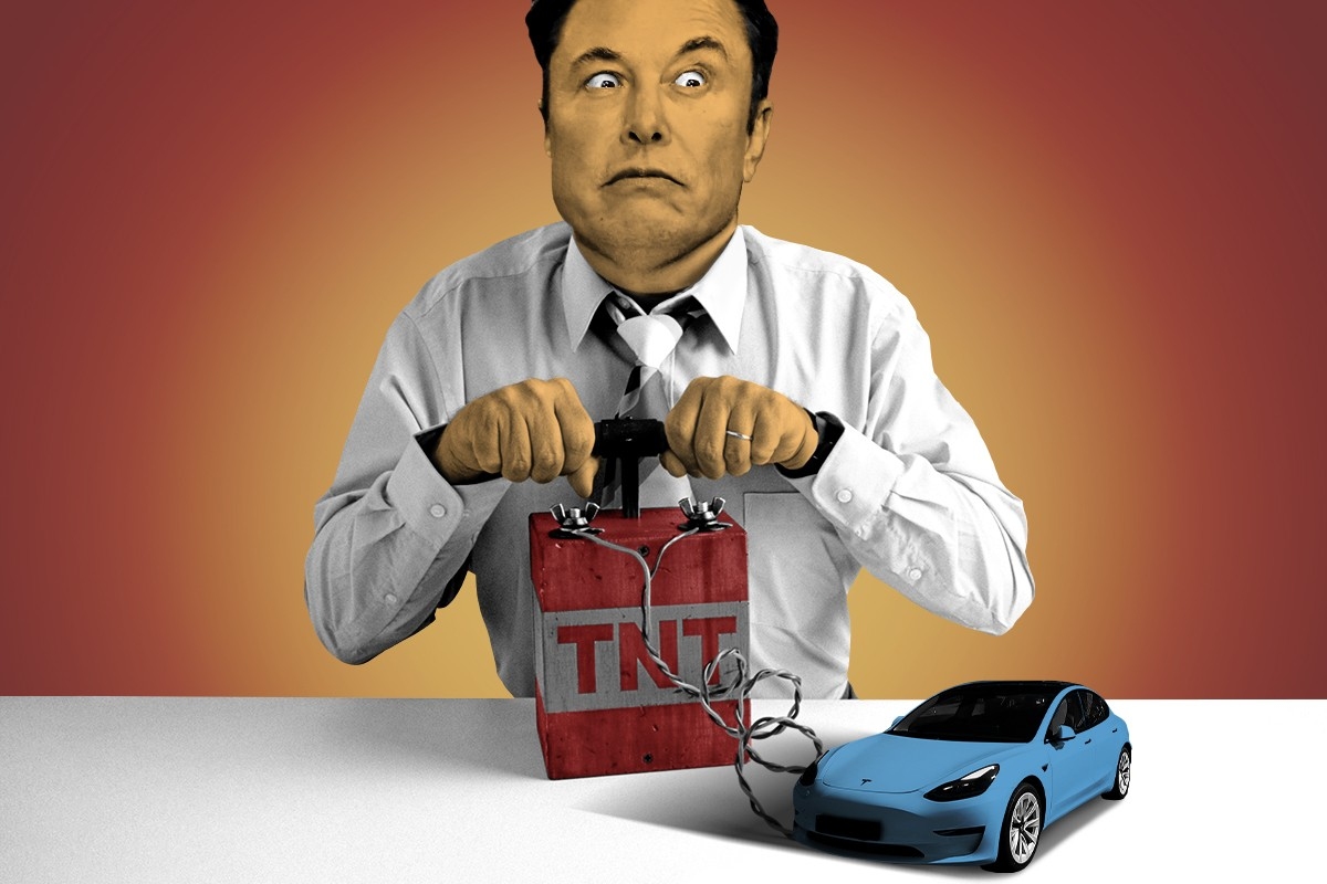 Elon Musk blowing up a Tesla.