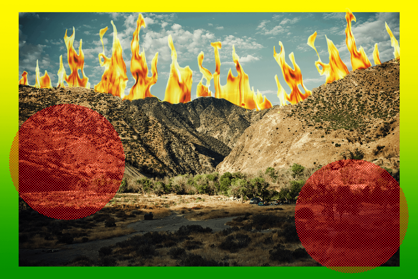 Hills with flames.