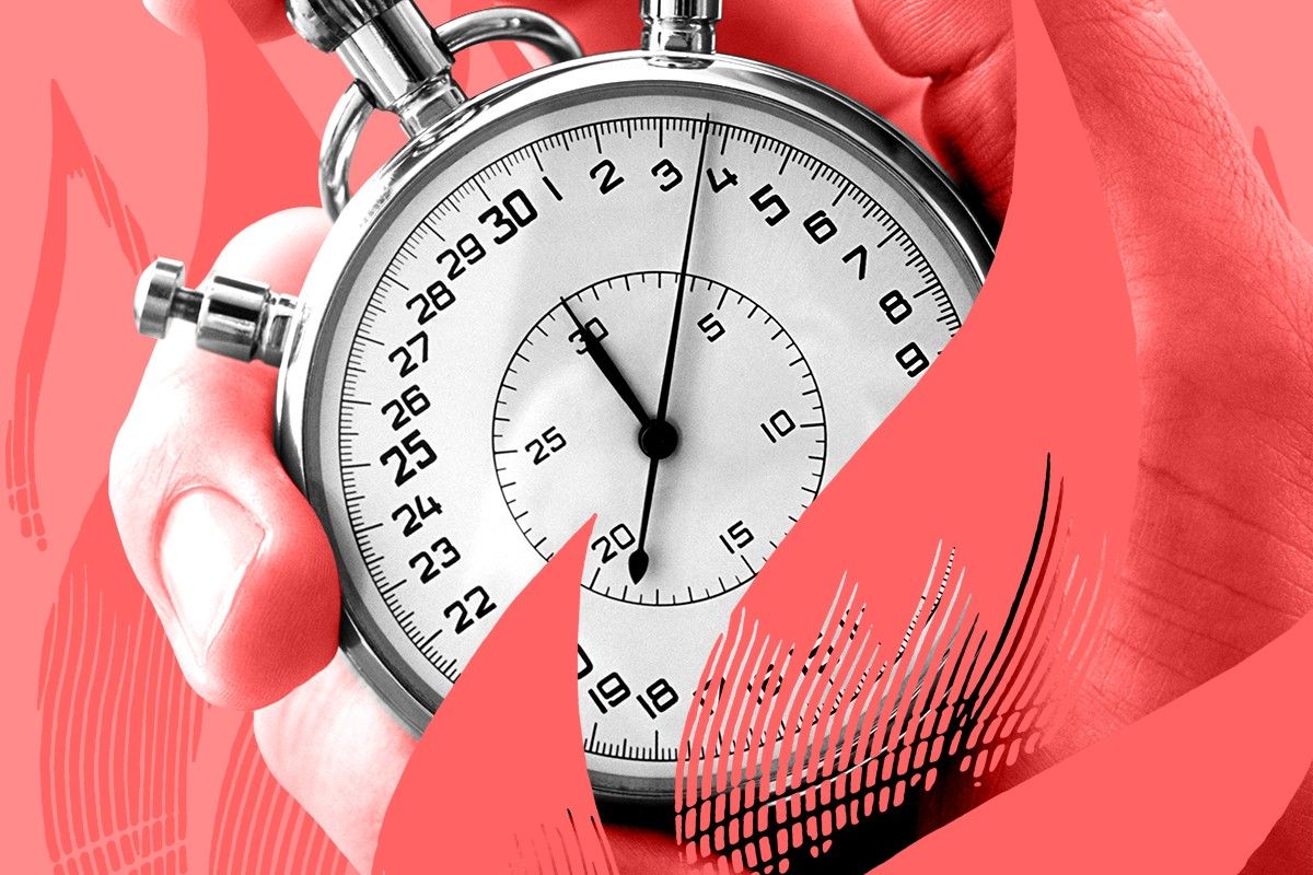 A stopwatch and flames.