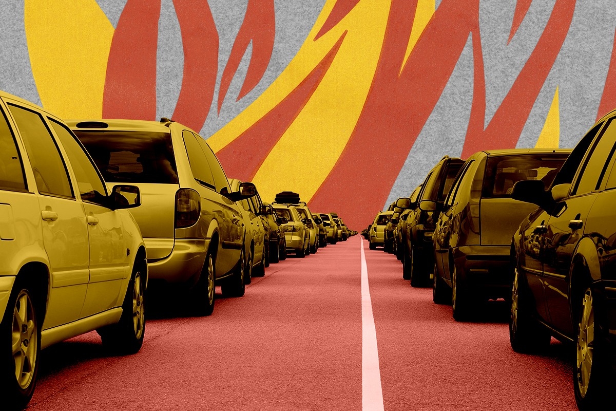 A traffic jam and a fire.