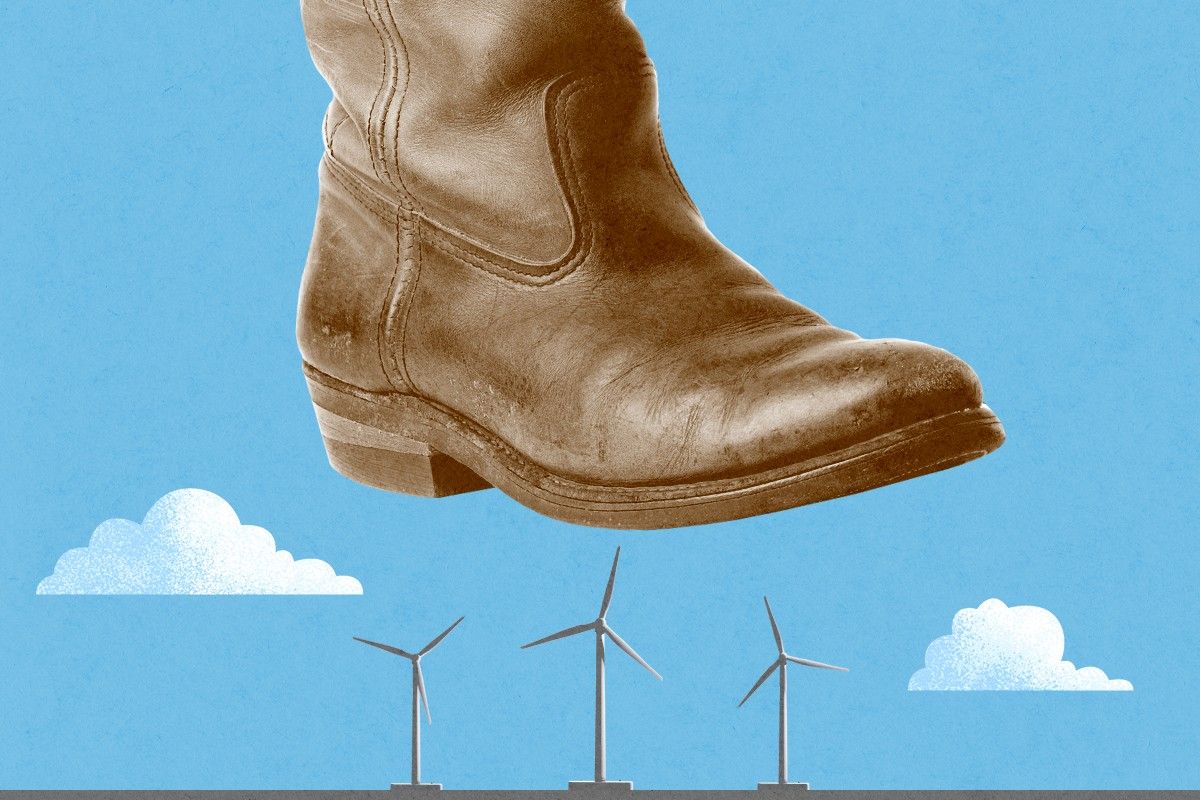 A boot stomping wind turbines.