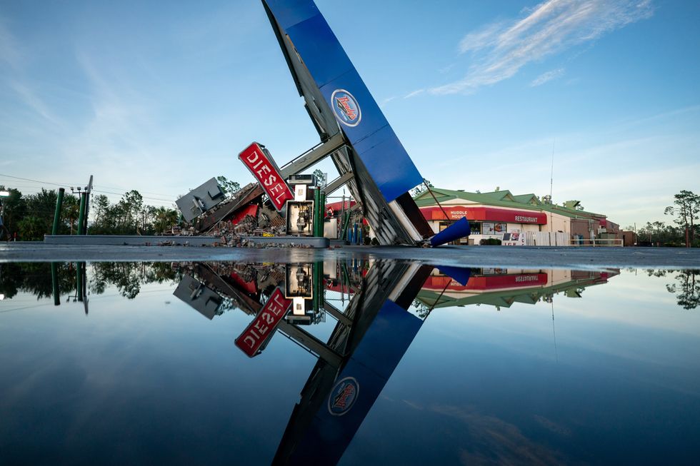 A storm-damaged gas station.