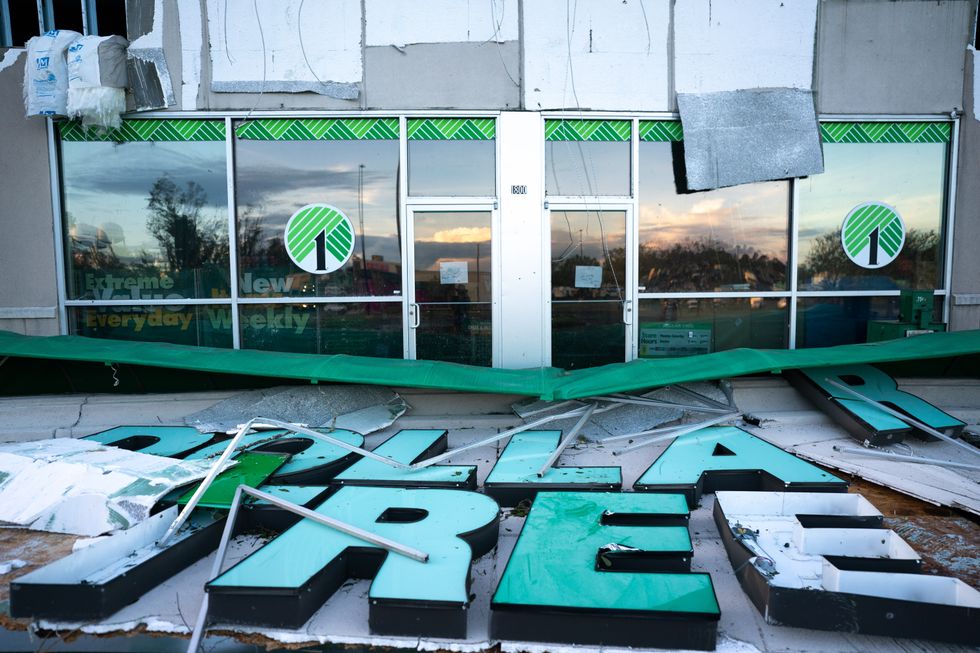 A storm-damaged Dollar Tree.