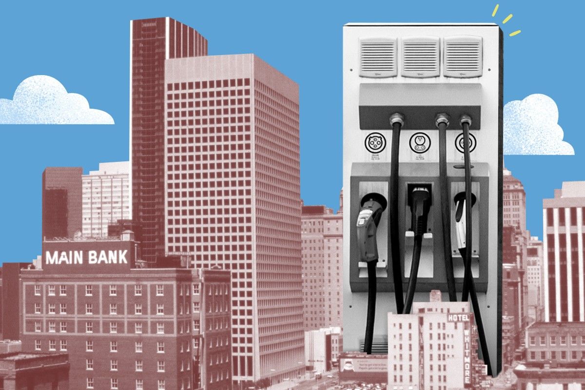 An EV charging station in a city.