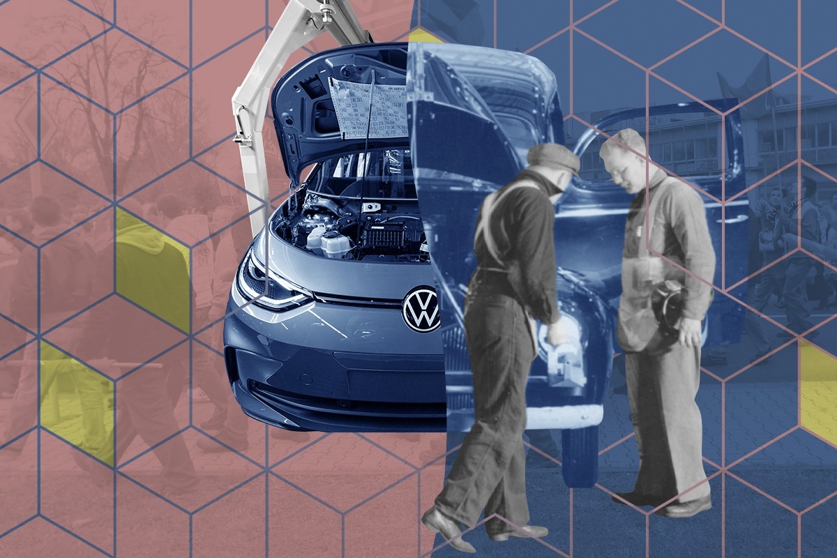 A Volkswagen EV and auto workers.